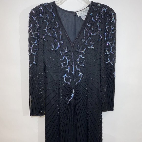 AJ Bari Dress Beaded Elegant Evening Date Wedding Asymmetric Disco Silk - Picture 3 of 11